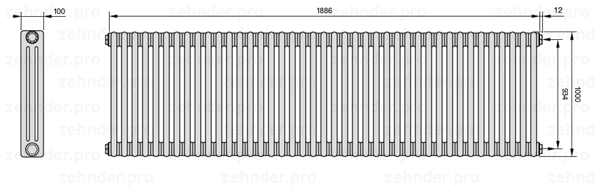 Схема (чертеж) Радиатор Zehnder Charleston 3100/41 №7610 Белый глянцевый RAL 9016